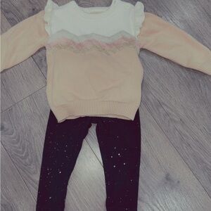 Girls tan & White Ruffle Sweater with Black Glitter Leggings